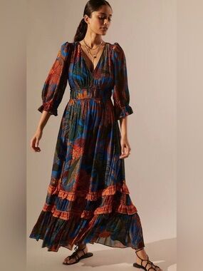 farm rio mixed white and blue prints maxi dress FARM Rio Multicolor Boho Floral Delhi Pleated Maxi Dress, Boho Floral Delhi MIX / XS main image 0
